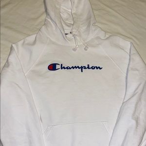 White champion hoodie with large champion logo